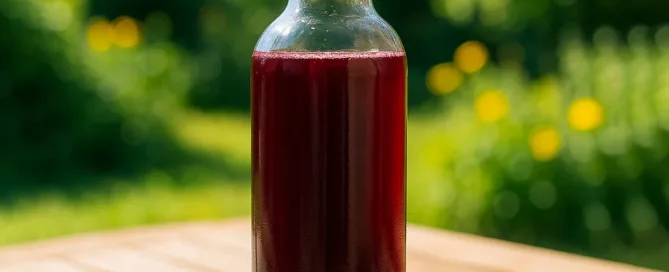 bouteille de sirop d'hibiscus posée sur une table dans un jardin d'été