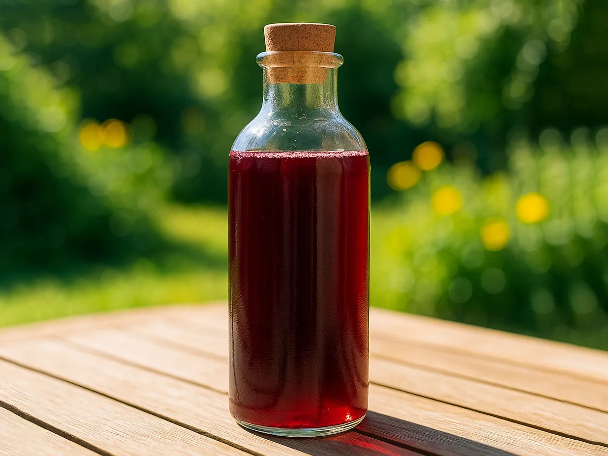 bouteille de sirop d'hibiscus posée sur une table dans un jardin d'été