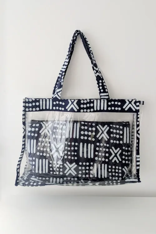 sac à main en pvc et tissu wax dessins bleus