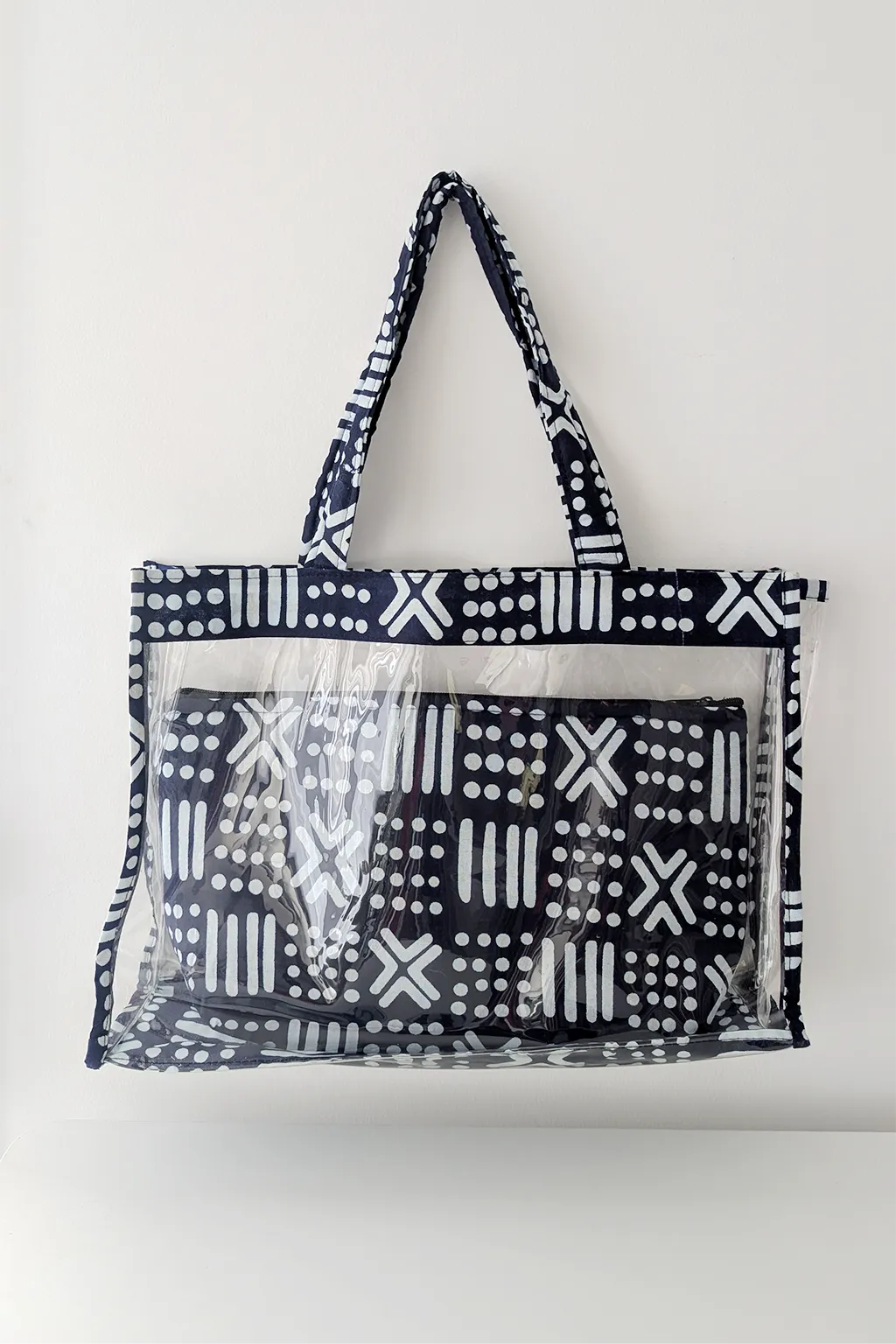 sac à main en pvc et tissu wax dessins bleus