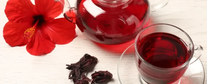 théière contenant du bissap ainsi qu'une tasse transparente avec du bissap dedans vue de haut pour parler de l'utilisation du bissap dans le cycle menstruel